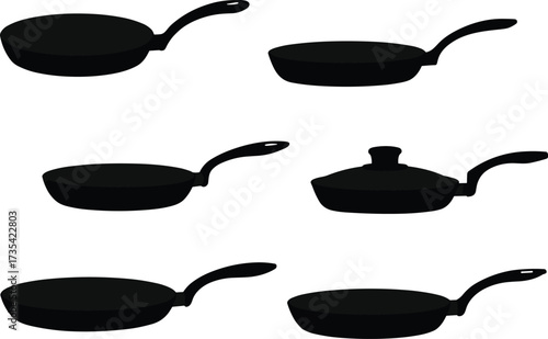 Frying pan silhouettes, cookware vector set, kitchen tools, black icons, cooking utensils, pan with lid, food prep, culinary design
