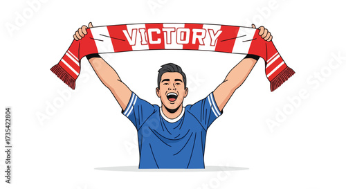 Celebrating Triumph: Energetic Fan Waving Victory Scarf with Exuberance and Athletic Enthusiasm, Embracing Championship Excitement, Showing