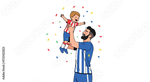 Animated joyful illustration of father throwing his child celebrating with confetti full of fatherhood love expressing elation and happiness