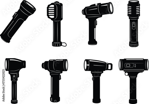 Flashlight, vector, black, white, icons, set, tool, device, lighting, portable, battery, grip, switch, design, shape, style, emergency, equipment, illustration, collection