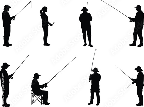 Silhouette people fishing, anglers with rods, outdoor leisure, recreational fishing, sitting fisherman,