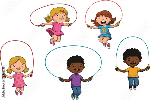 Happy children jumping rope, kids exercising together, playful childhood activity, colorful clothing, fitness fun, teamwork, coordination, outdoor lifestyle, smiling faces, energy
