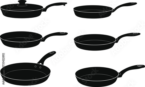 Frying pan silhouettes, cookware vector set, kitchen tools, black icons, pan with lid, cooking utensil, food prep, culinary design