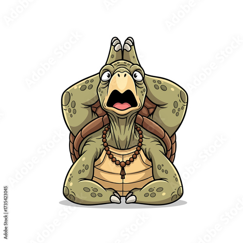 Cartoon Turtle in Shock with Prayer Beads and Hands on Head