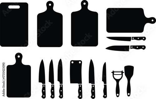 Kitchen utensils silhouette, cutting boards, chef knives, meat cleaver, spatula, vegetable peeler, cooking tools, black icons, culinary equipment, food preparation