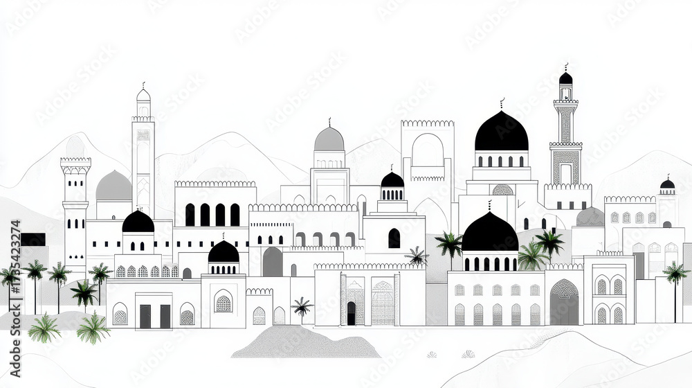 Fototapeta premium Minimalist illustration of city skyline featuring various architectural styles, domes, and palm trees, creating serene atmosphere