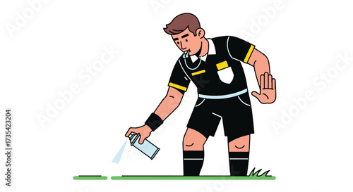 Illustrative depiction of a soccer referee using marking spray during match preparation procedures