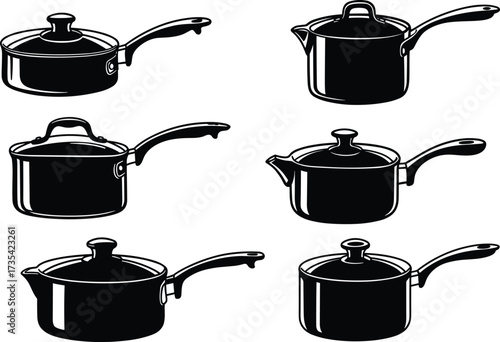Saucepan silhouette set, cookware vector, kitchen tools, black icons, cooking pot, lid handle, food prep, culinary design, utensil illustration