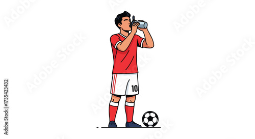 Digital illustration showcasing a soccer player hydrating himself after practice on a white backdrop stands next to a soccer ball