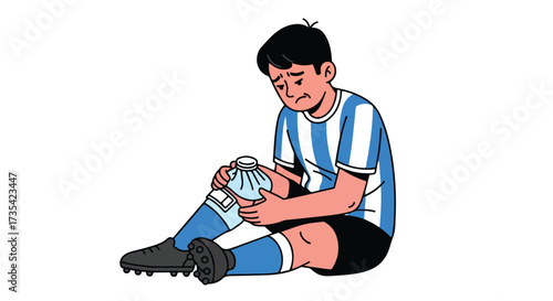 Cartoon rendering of a saddened soccer player applying an ice pack to an injured knee on a white background