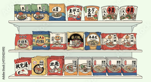 The image displays three shelves stocked with numerous packages of instant noodles and other Asian food items, featuring various designs and colors.