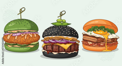 A trio of colorful gourmet burgers.