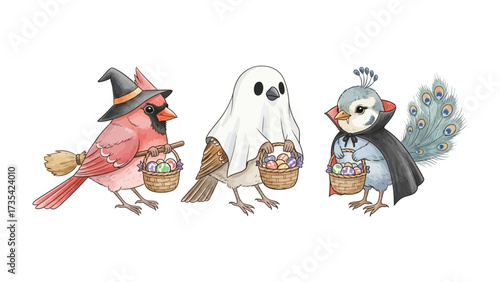 Halloween Birds: A trio of charming bird characters, adorned in whimsical Halloween costumes, carry baskets of treats, inviting a sense of joy and playful celebration. 