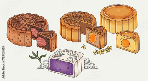 A variety of traditional mooncakes displayed.