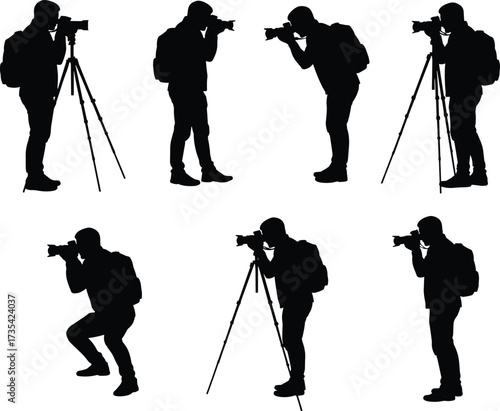 Silhouette photographers with backpacks, taking photos, tripod camera, crouching photographer,