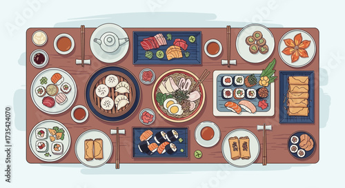 A variety of sushi and Japanese dishes on a wooden board.