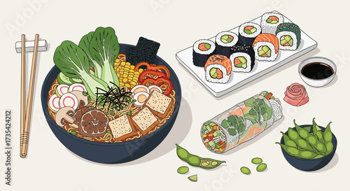 A variety of Asian food and sushi.