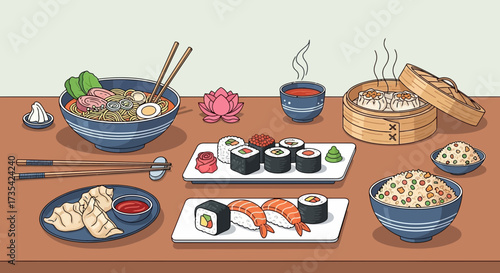 A variety of sushi and other Japanese dishes on a table.