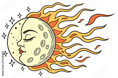 Sun and moon face with flames and stars