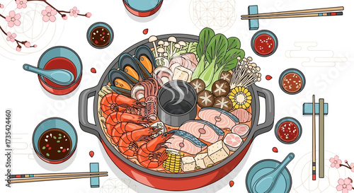A colorful illustration of a hot pot meal.