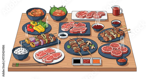 A variety of Korean barbecue food on a table.