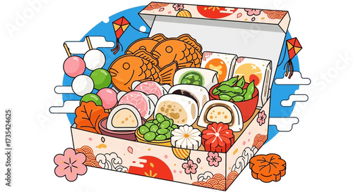 Colorful sushi box with various rolls.