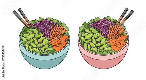 Colorful illustration of two bowls of sushi.