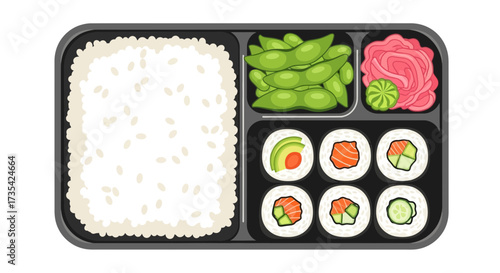A bento box filled with sushi and rice.