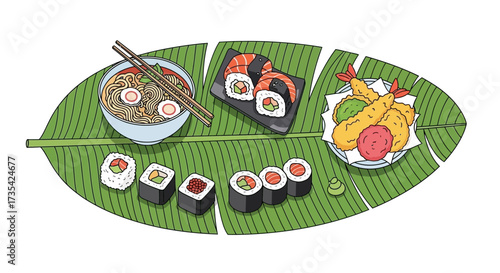 A variety of sushi on a leaf.