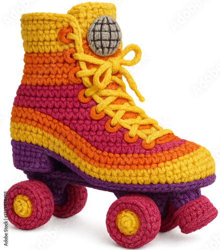 Colorful Crochet Roller Skate Illustration with Detailed Stitching on a White Background