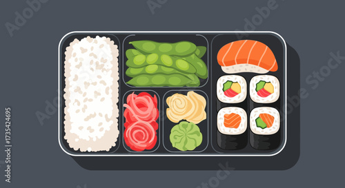 A bento box filled with sushi and edamame.