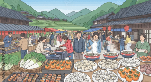 Vibrant outdoor food market with people.