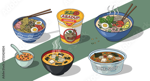 A variety of steaming bowls of ramen.