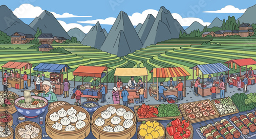 Vibrant market scene in rural mountain village.