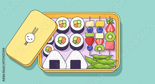 Colorful sushi in a bento box.