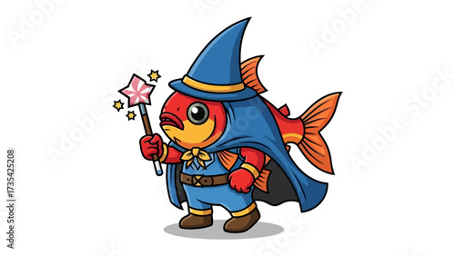 Whimsical Wizard Fish: A charming illustration of a fish, adorned in a wizard's attire, casting spells with a star-tipped wand, bringing a touch of magic to the scene.