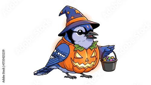 Halloween Bird Illustration: A cheerful blue jay, sporting a whimsical witch's hat and a carved pumpkin costume, clutches a trick-or-treat bucket filled with colorful candies.