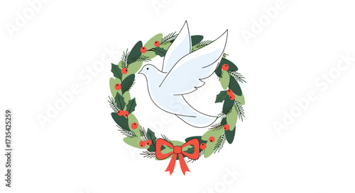 A white dove of peace flying inside a Christmas wreath with a red bow, Generative AI.