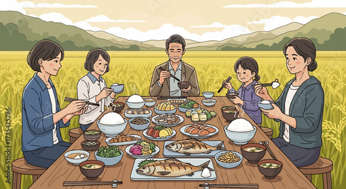 Family enjoying a meal together outdoors.