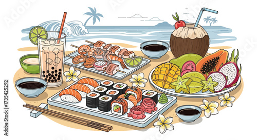 Tropical Beach Feast: Sushi, Shrimp Skewers, Exotic Fruits, and Refreshing Drinks Illustration
