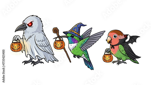 Whimsical Halloween Trio: A charming illustration showcases three delightful birds dressed up in Halloween costumes, carrying pumpkin-shaped treat baskets. It evokes the spirit of the season.