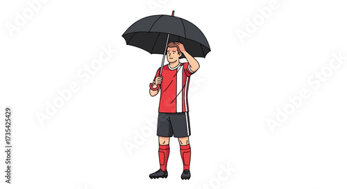 Cartoon illustration of a soccer player standing under an umbrella during unexpected weather challenge showcases adaptability and preparation