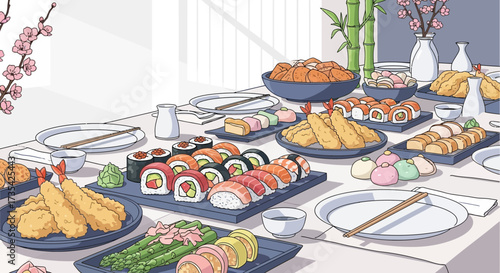 Abundant Japanese Cuisine Feast: Sushi, Tempura, and Traditional Dishes on a Decorated Table, Illustration