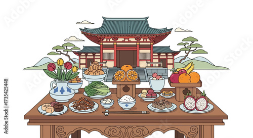 Traditional Asian Temple with Festive Food and Fruit Offerings Illustration