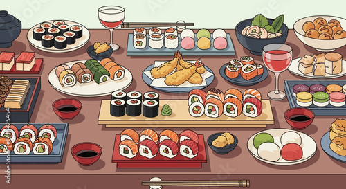 Vibrant Japanese Cuisine Feast: Assortment of Sushi, Tempura, and Traditional Desserts on a Banquet Table