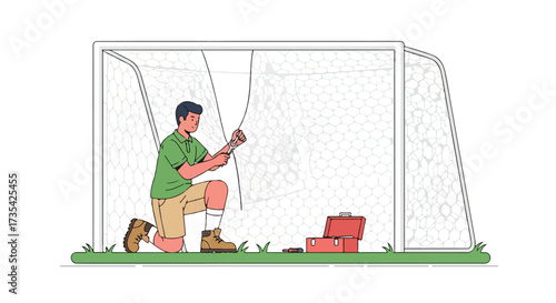 Diligent handyman meticulously repairing torn soccer net with tools from his toolbox on the grassy field, enhancing sports infrastructure and