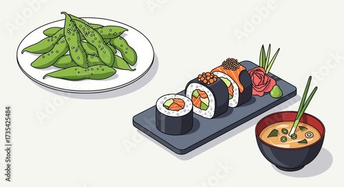 Traditional Japanese Cuisine Set: Sushi, Edamame, and Miso Soup Illustration