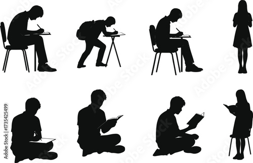 Silhouette people reading and writing, student study posture, book learning, notebook writing,