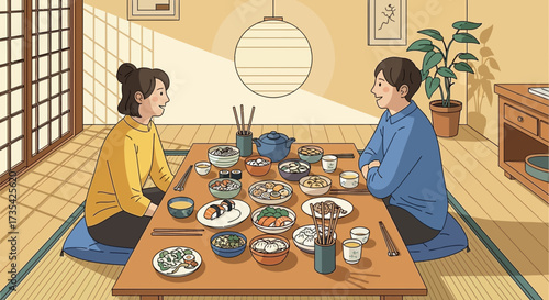 Traditional Japanese Meal for Two: Couple Dining & Conversing on Tatami Floor