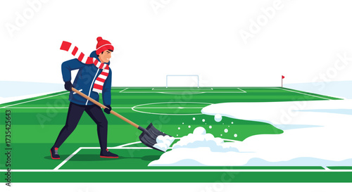 Man shoveling snow from a soccer field, preparing for a match during the winter season, illustrating dedicated sports culture despite harsh weather